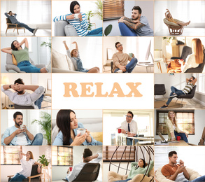 Image of Collage of different people resting indoors and word Relax