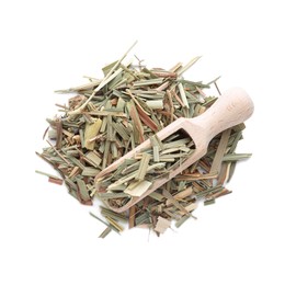 Photo of Pile of aromatic dried lemongrass and wooden scoop isolated on white, top view