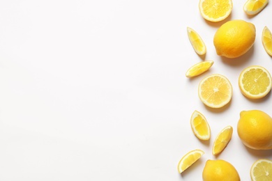 Fresh lemons on white background, top view. Citrus fruits