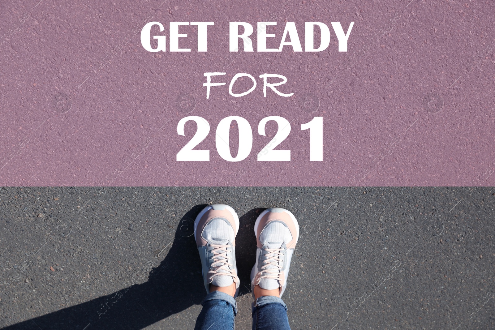 Image of Text Get Ready For 2021 on asphalt in front of woman, top view