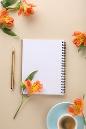 Guest list. Notebook, pen, coffee and beautiful flowers on beige table, flat lay. Space for text