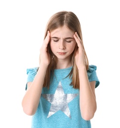 Photo of Teenage girl suffering from headache on white background