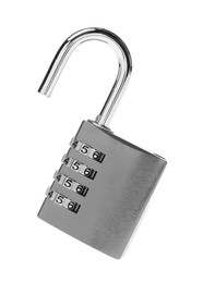 Photo of Unlocked steel combination padlock isolated on white