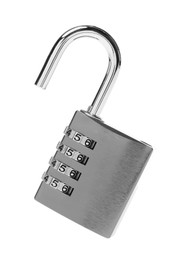 Unlocked steel combination padlock isolated on white