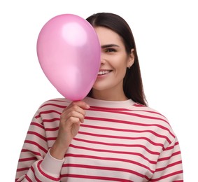 Happy woman with pink balloon on white background