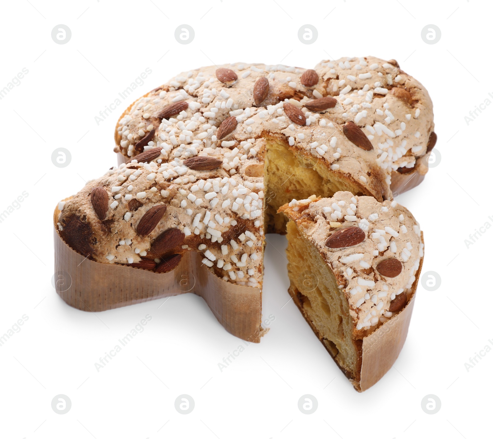 Photo of Delicious Italian Easter dove cake (traditional Colomba di Pasqua) on white background