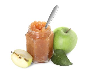 Glass jar of delicious apple jam and fresh fruits isolated on white