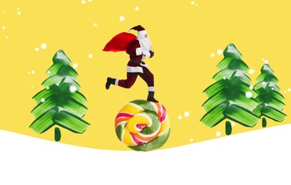 Christmas art collage with Santa Claus running on lollipop through forest