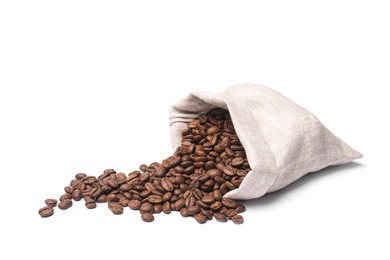 Sack and roasted coffee beans on white background