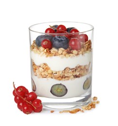 Photo of Delicious yogurt parfait with fresh berries on white background