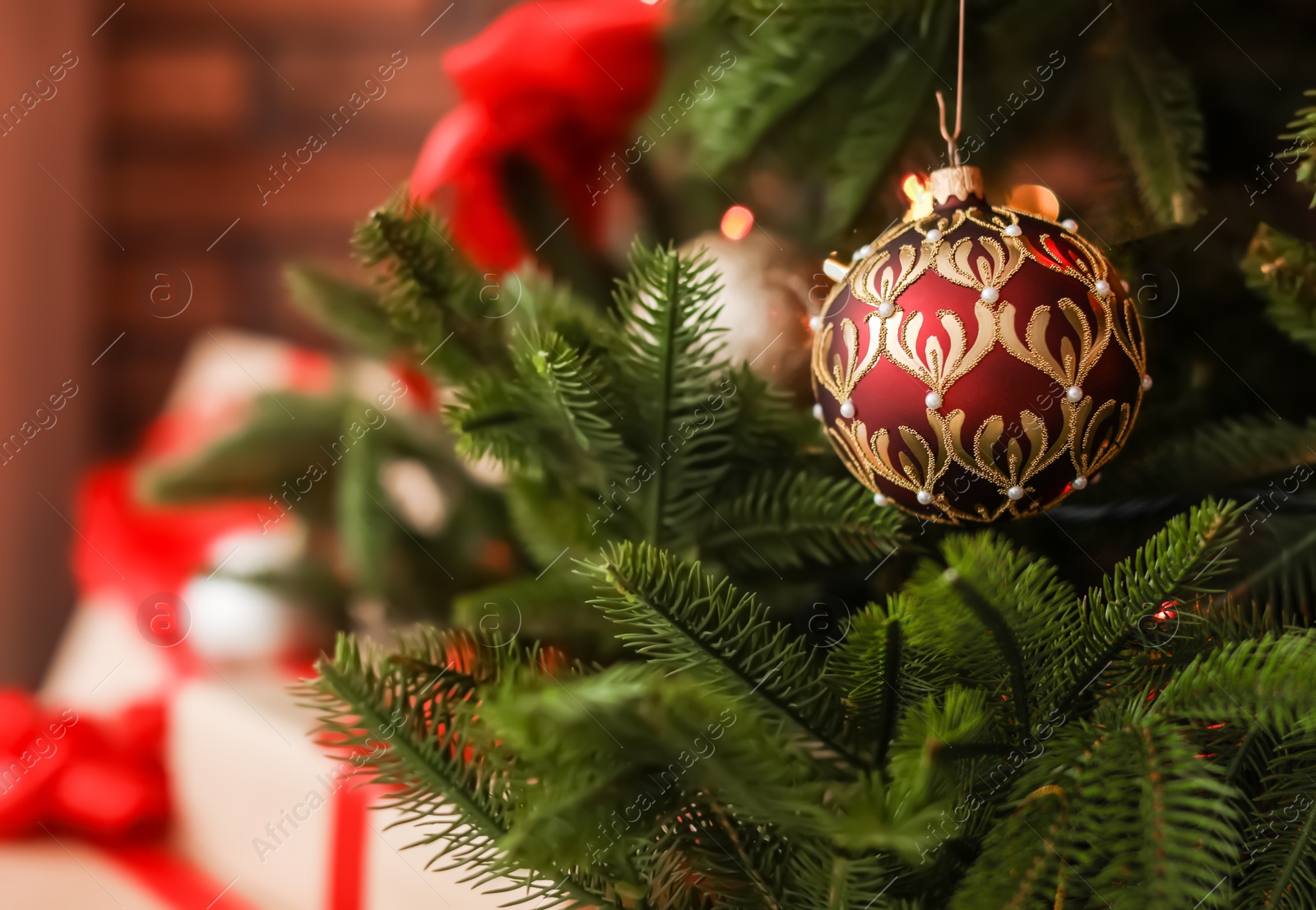 Photo of Christmas tree with stylish decor indoors, closeup