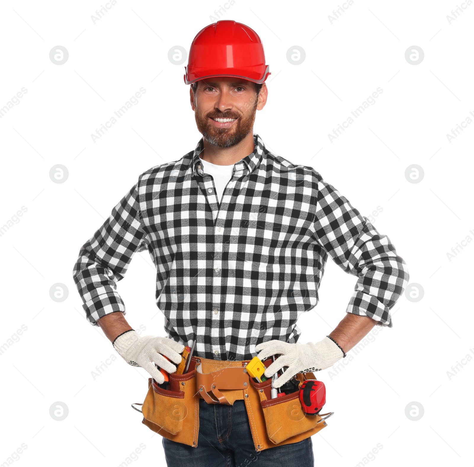 Photo of Professional builder in hard hat with tool belt isolated on white