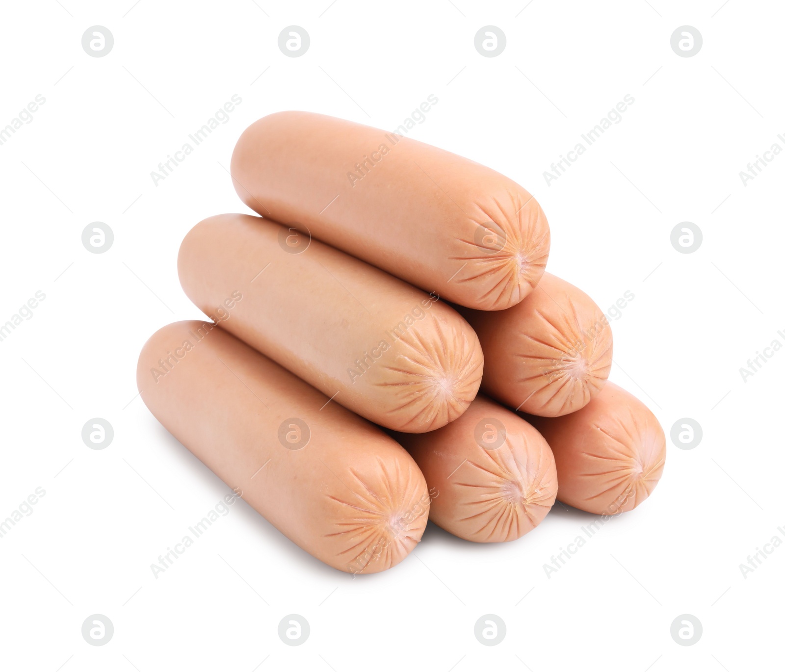 Photo of Many delicious boiled sausages on white background