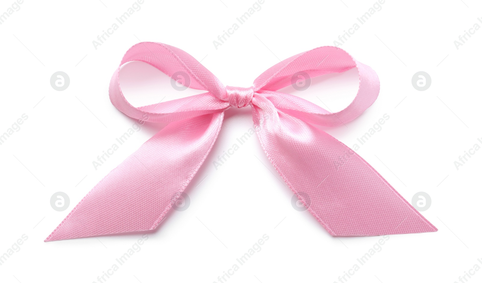 Photo of Pink satin ribbon bow on white background, top view