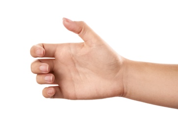 Photo of Woman holding something on white background, closeup of hand