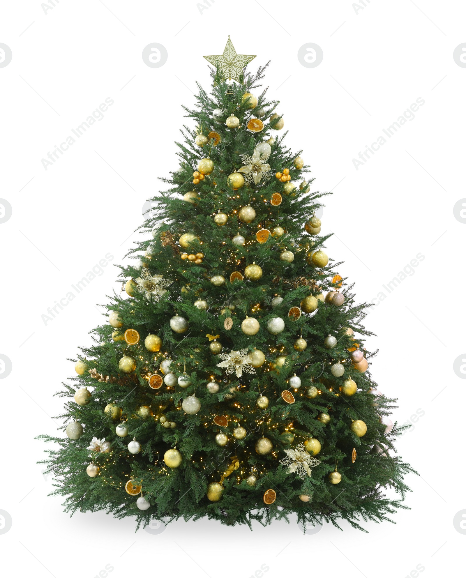 Photo of Beautiful Christmas tree decorated with ornaments isolated on white