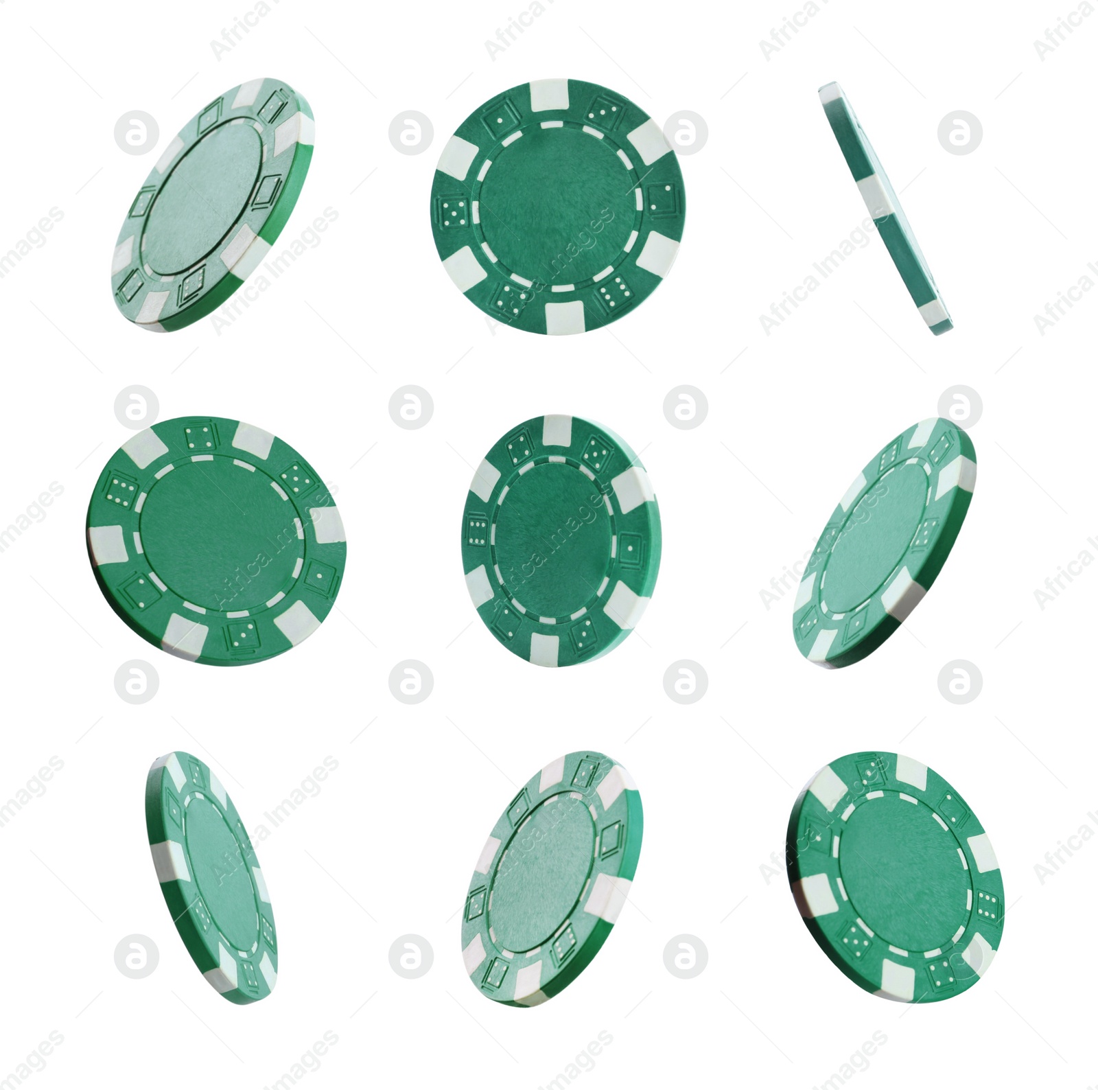 Image of Set with green casino chips on white background