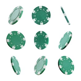 Image of Set with green casino chips on white background