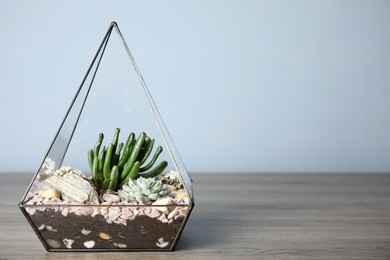 Glass florarium vase with succulents on wooden table, space for text