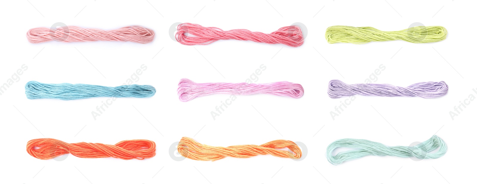 Image of Set with multicolor embroidery threads on white background. Banner design