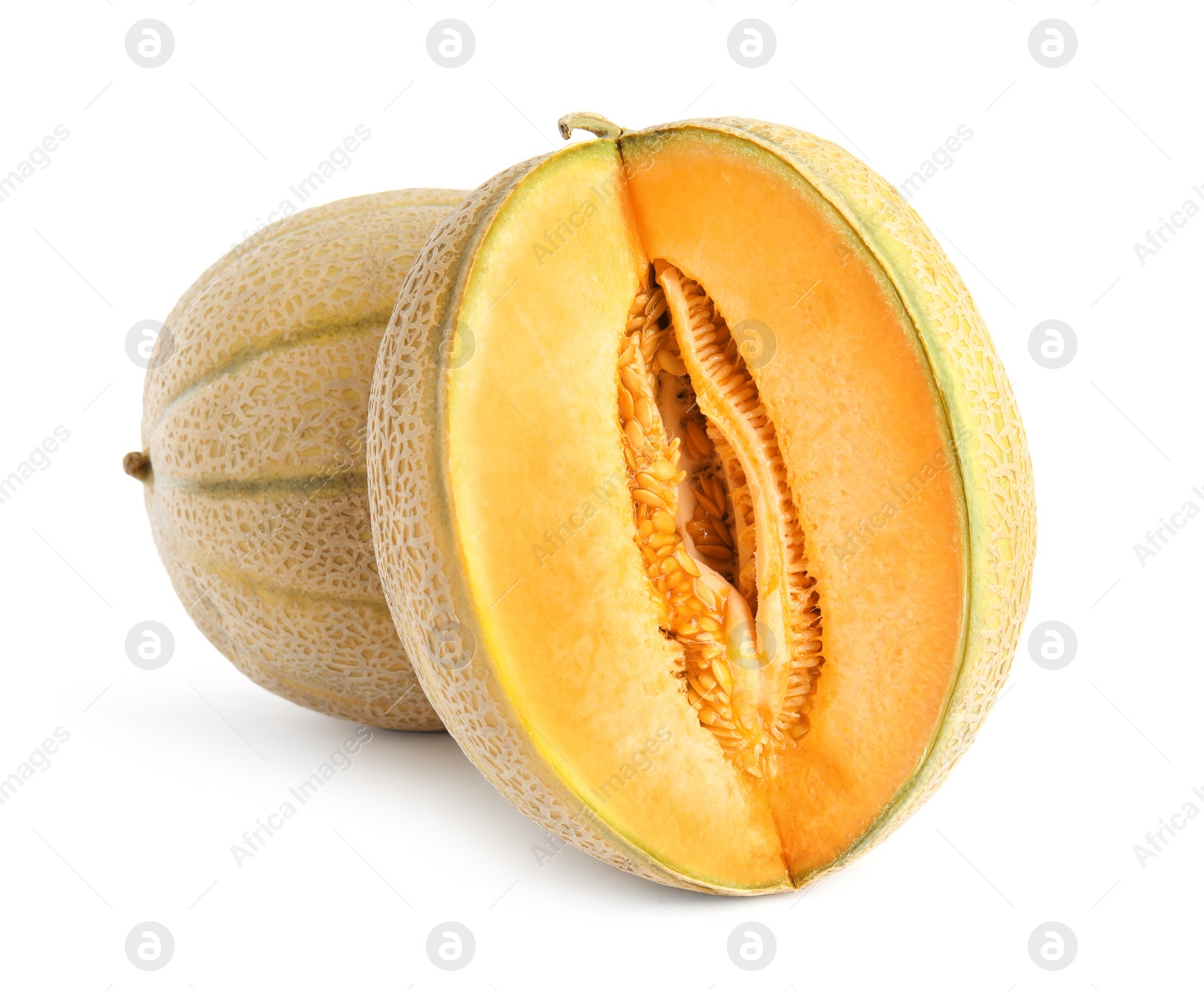 Photo of Tasty fresh cut and whole melons isolated on white