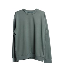 Photo of Stylish grey sweater isolated on white. Men`s clothes