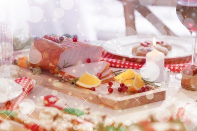 Image of Festive dinner with delicious ham served on table indoors. Christmas Eve celebration