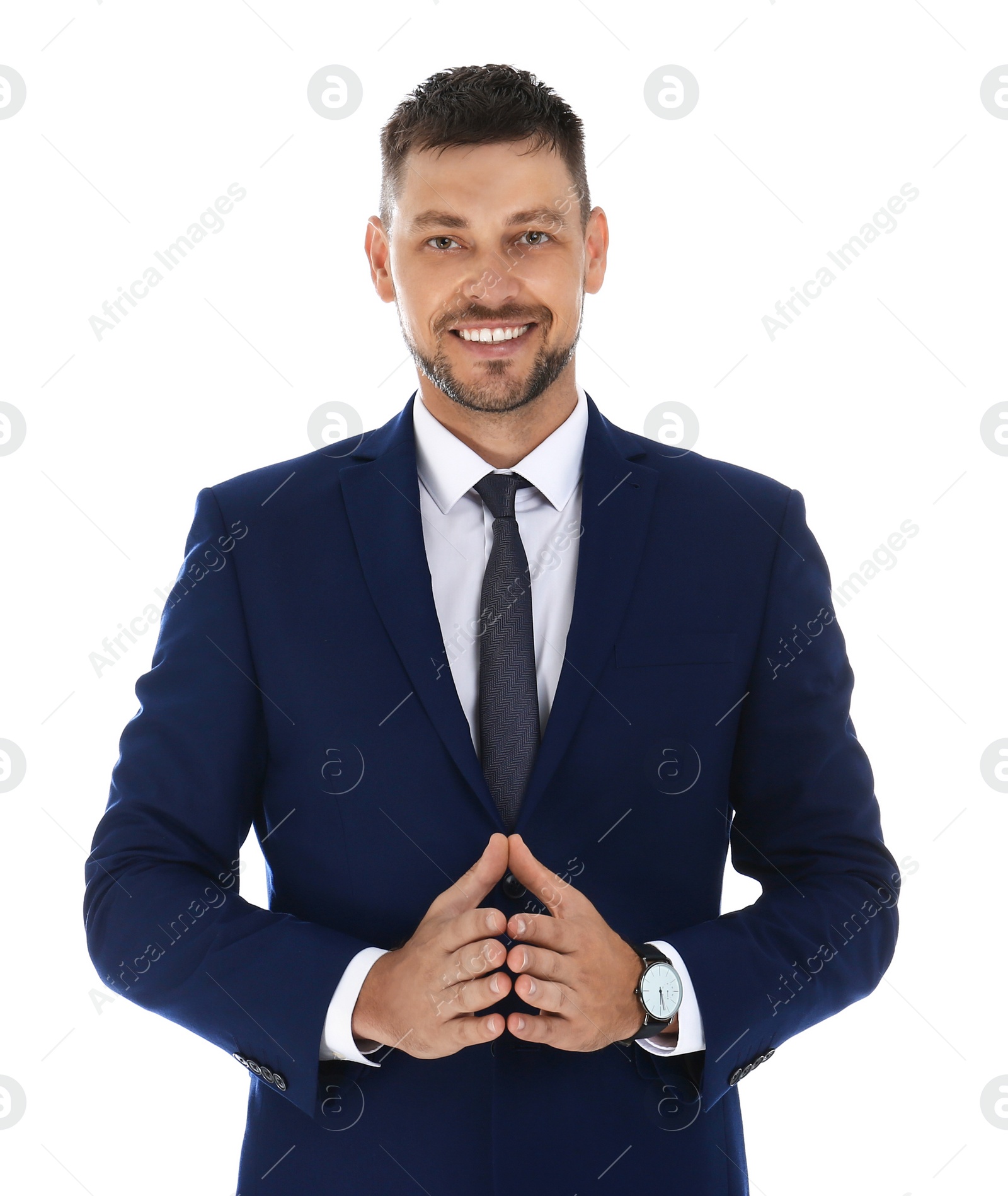 Photo of Professional business trainer posing on white background