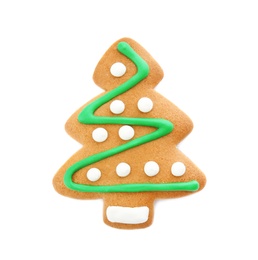 Tasty homemade Christmas cookie on white background