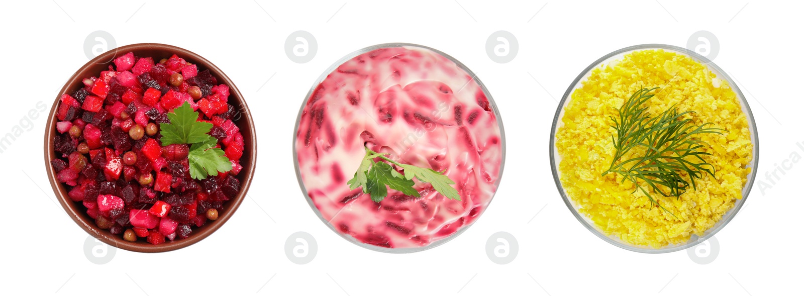 Image of Set of traditional russian salads on white background, top view. Banner design