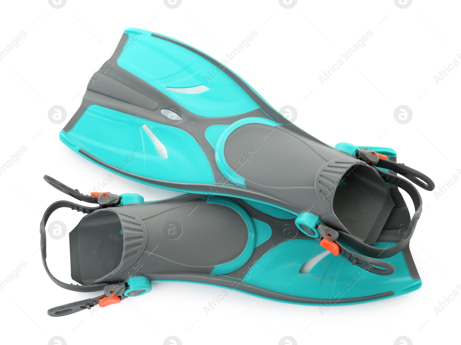 Photo of Pair of turquoise flippers on white background, top view