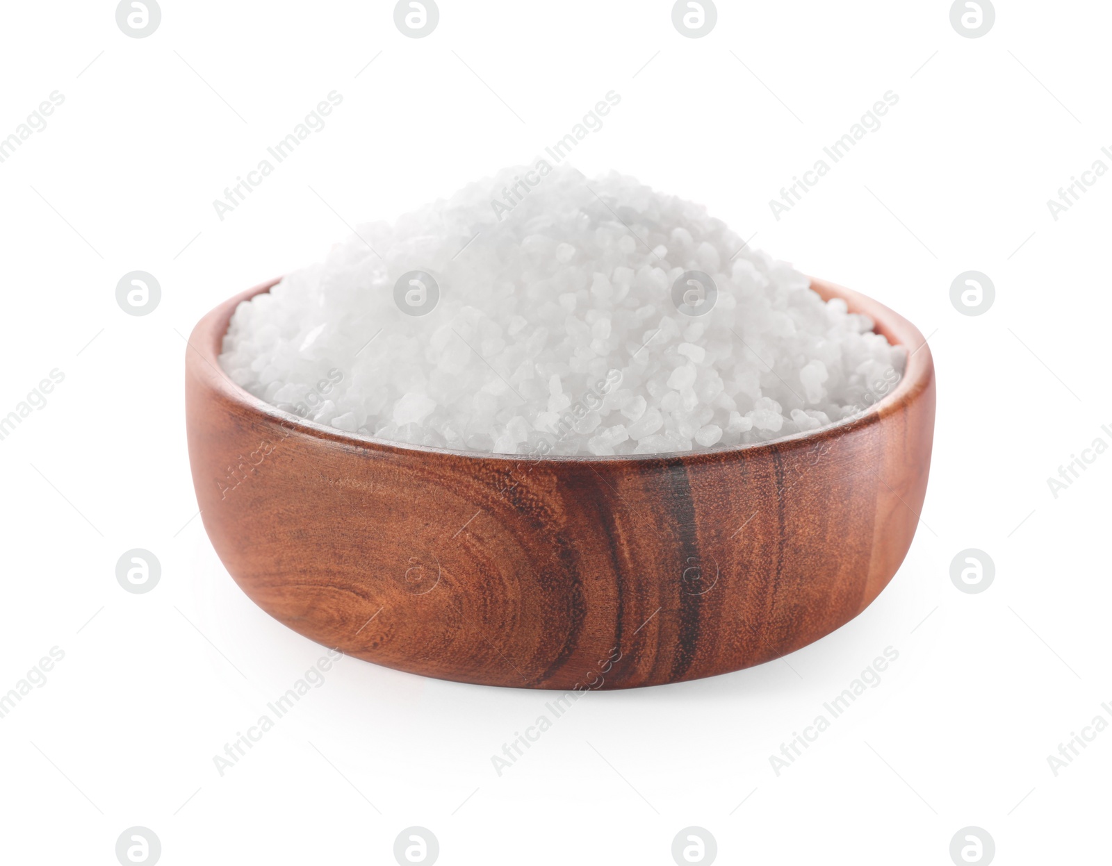 Photo of Natural salt in wooden bowl isolated on white