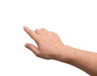 Photo of Man pointing at something on white background, closeup