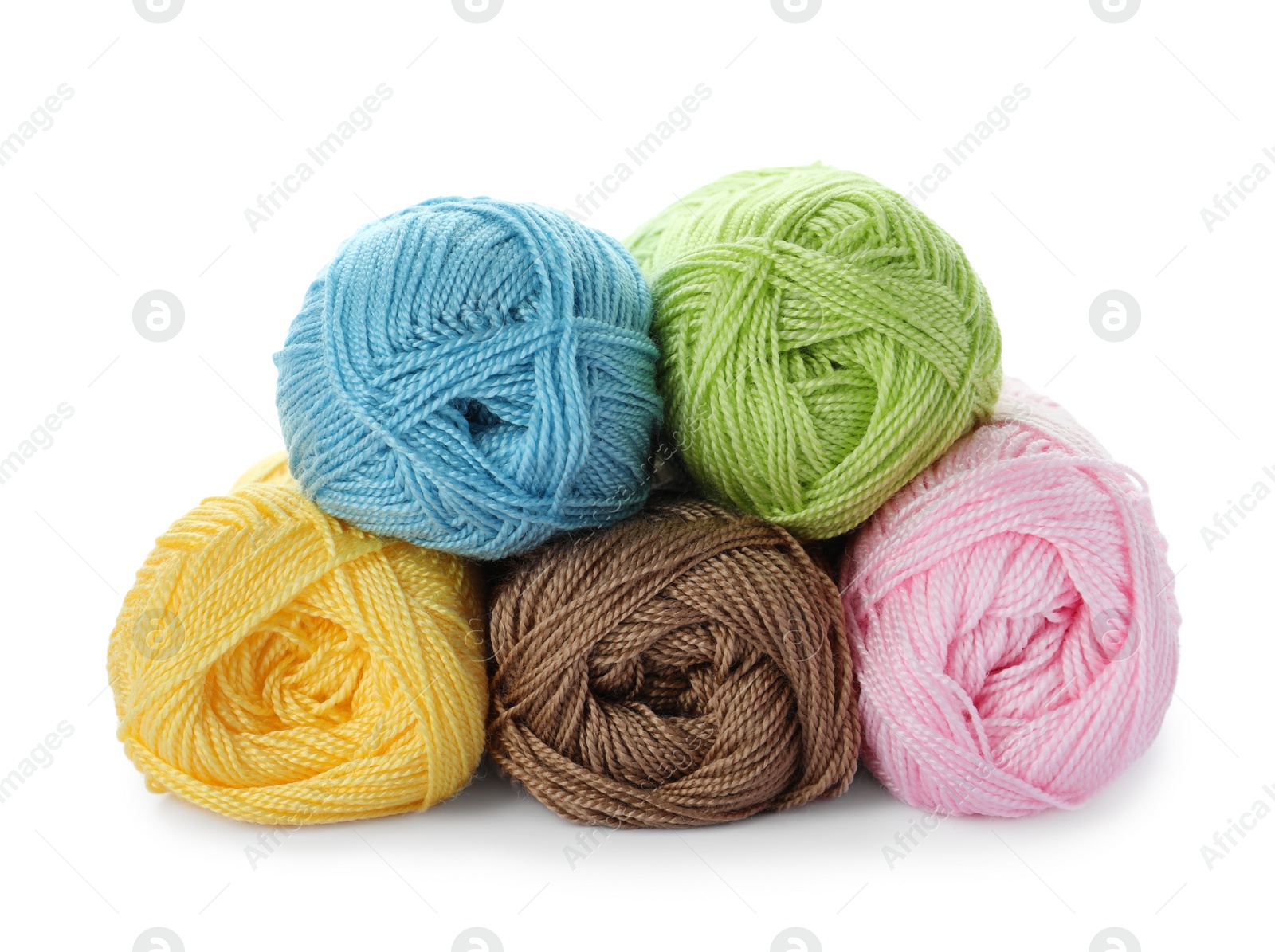 Photo of Soft colorful woolen yarns on white background