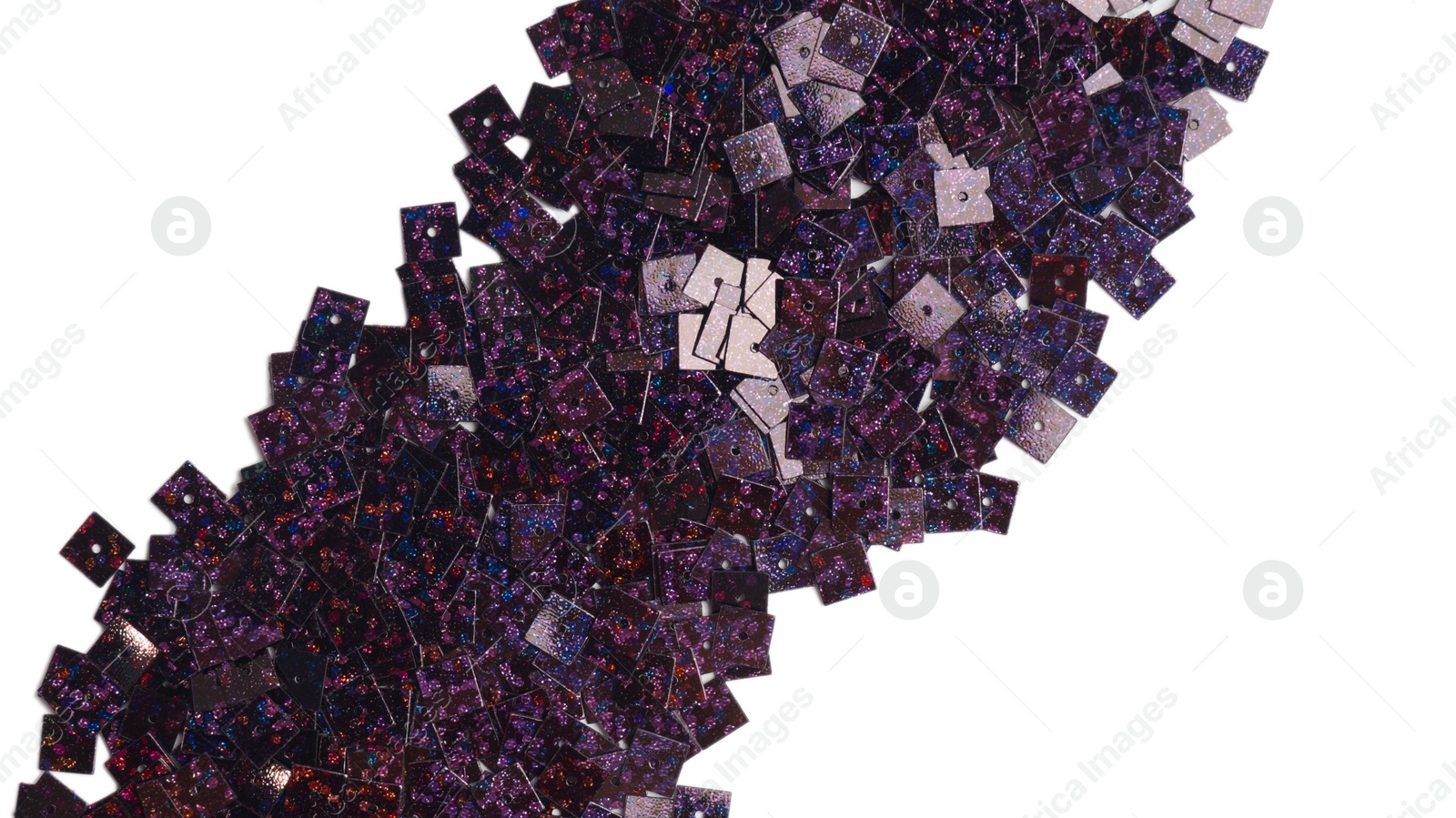 Photo of Many violet sequins isolated on white, top view