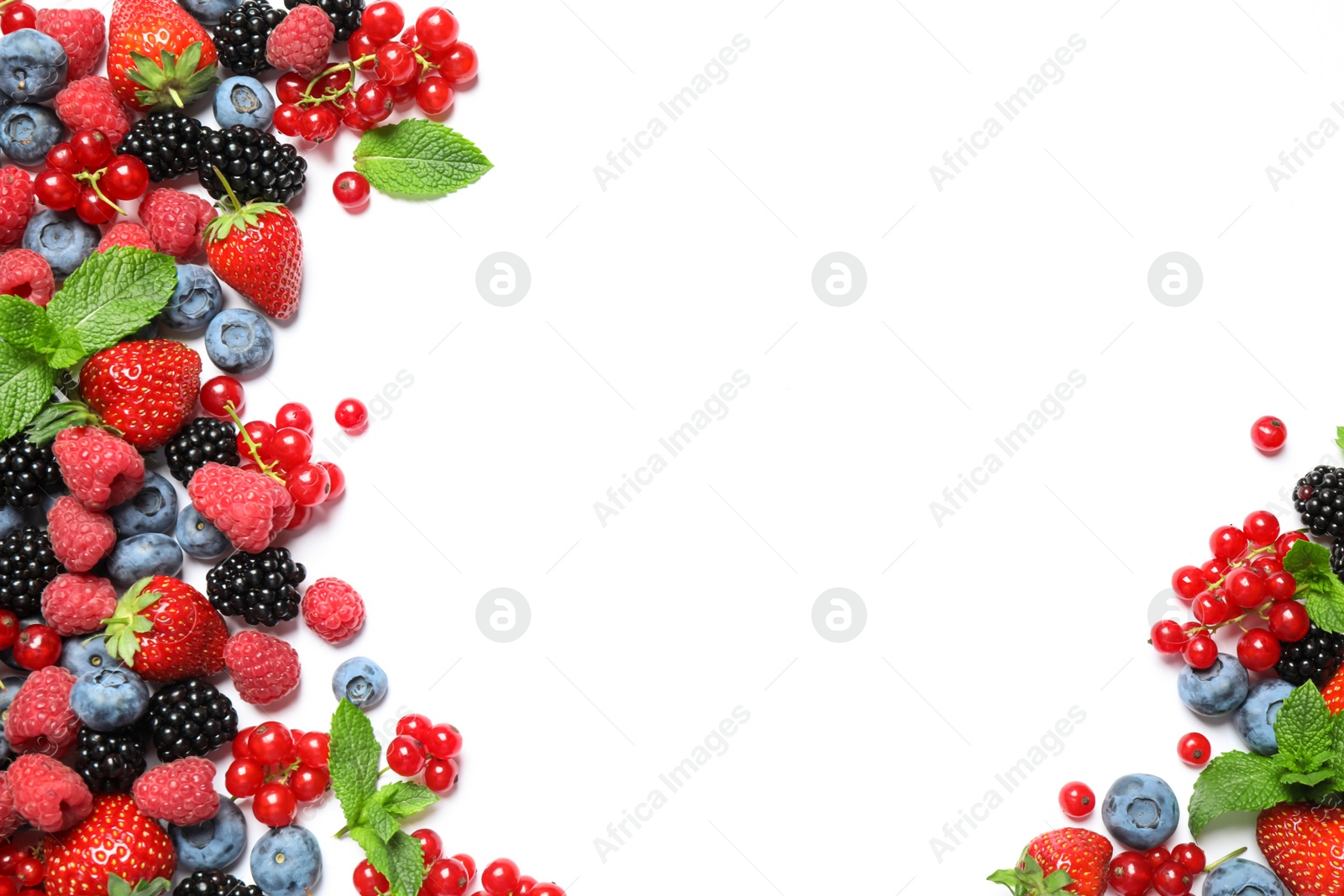 Photo of Mix of fresh berries on white background, flat lay