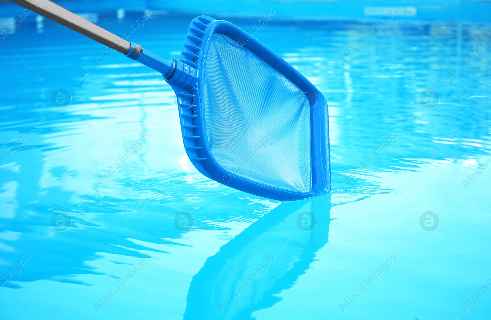 Photo of Cleaning outdoor pool with scoop net, closeup