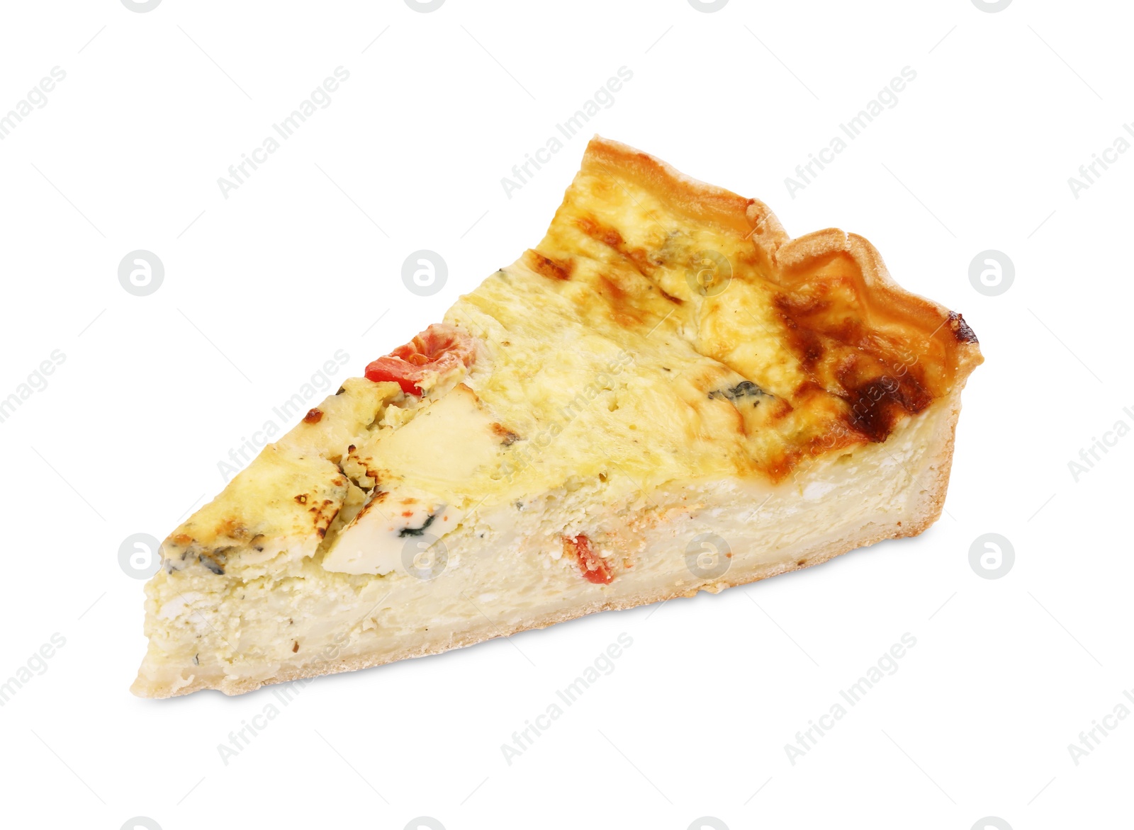 Photo of Piece of delicious homemade cheese quiche isolated on white