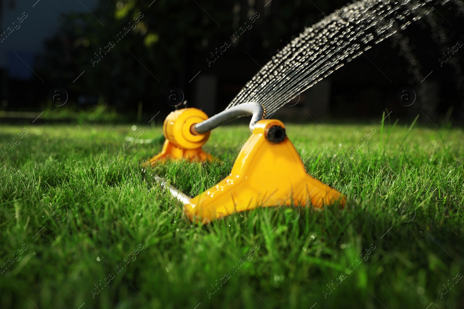 Photo of Automatic sprinkler watering green grass on lawn in garden, closeup. Irrigation system