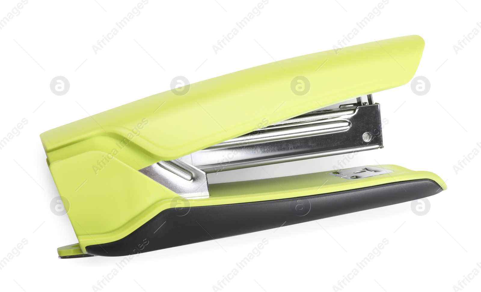 Photo of One light green stapler isolated on white, top view