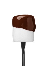 Photo of Tasty marshmallow dipped into chocolate isolated on white