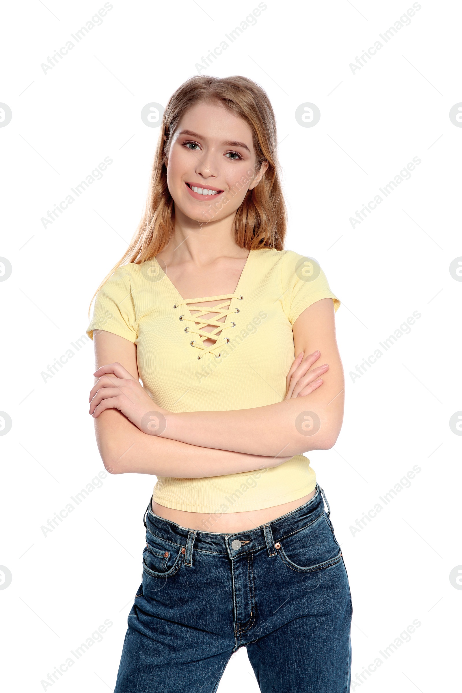 Photo of Portrait of beautiful young woman on white background