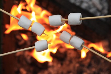 Photo of Delicious puffy marshmallows roasting over bonfire, closeup