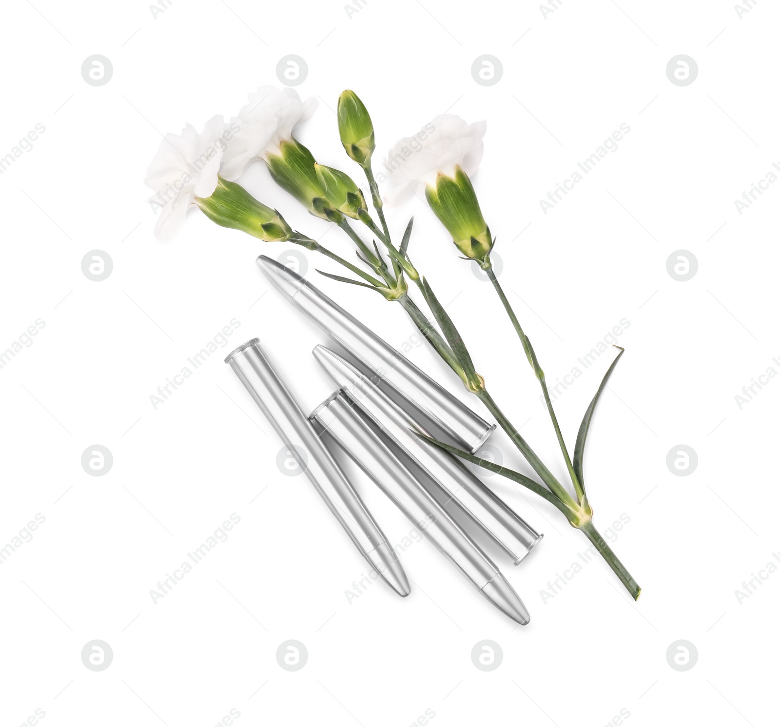 Photo of Bullets and beautiful flowers isolated on white, top view