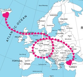 Illustration of Love in long-distance relationship. Connecting line of pink hearts between Iceland and Turkey on world map