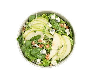 Photo of Tasty salad with pear slices isolated on white, top view