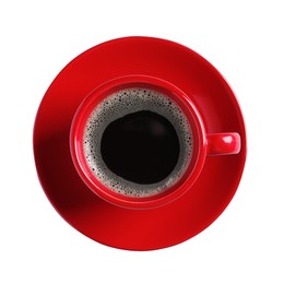 Red cup with aromatic coffee isolated on white, top view