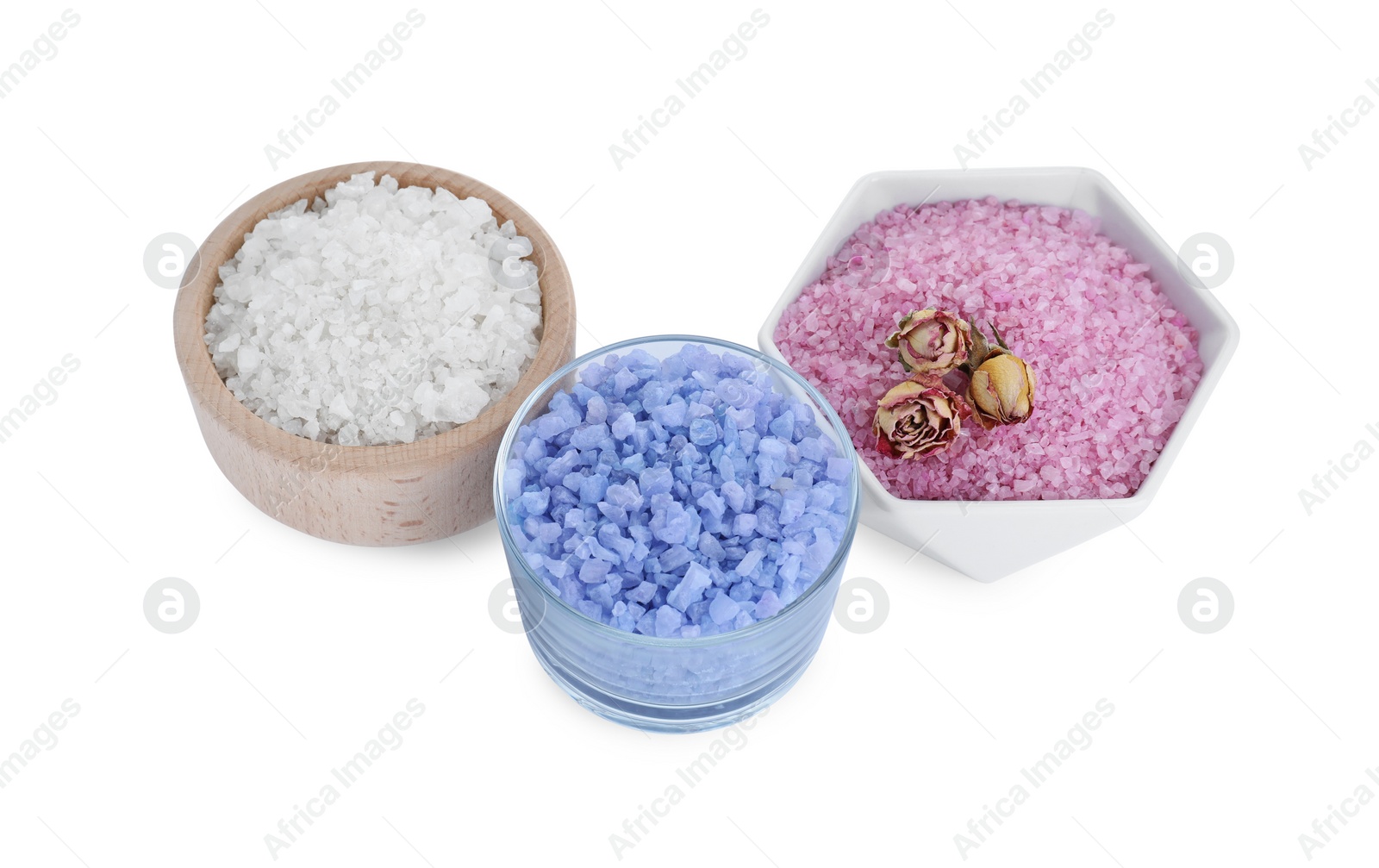 Photo of Different sea salt and dry rose flowers isolated on white, above view