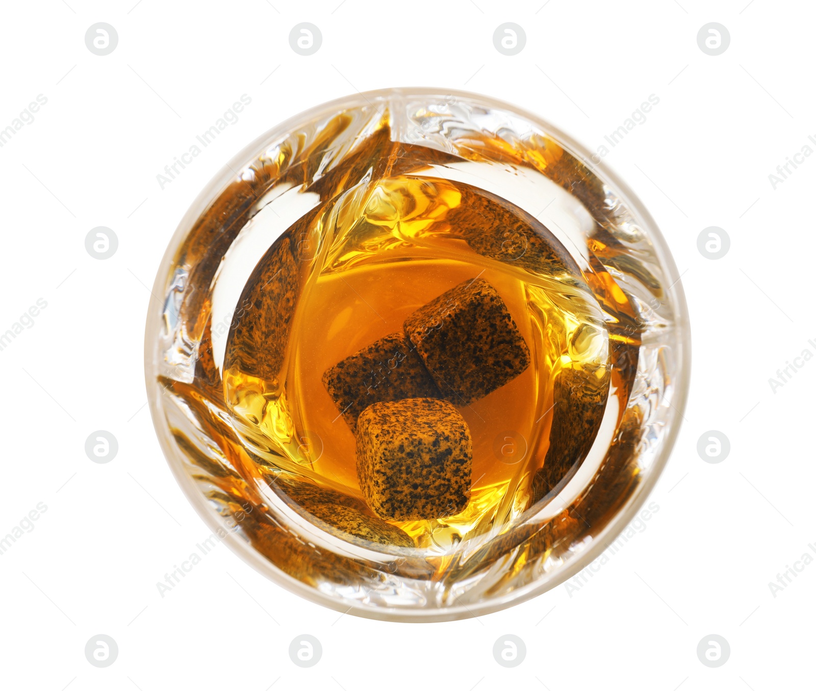 Photo of Glass of expensive whiskey with stones on white background, top view