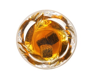 Photo of Glass of expensive whiskey with stones on white background, top view